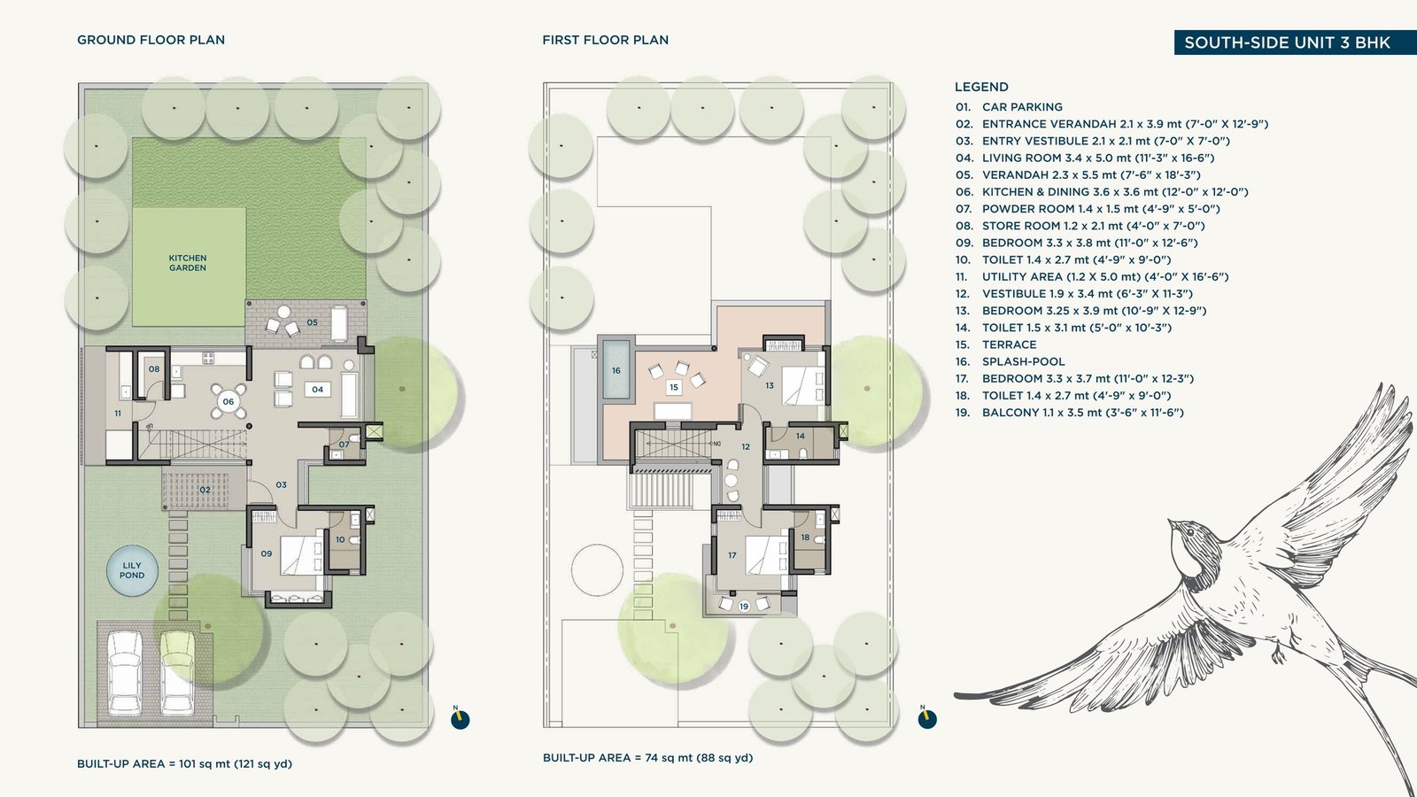 South-side 3 BHK floor plans