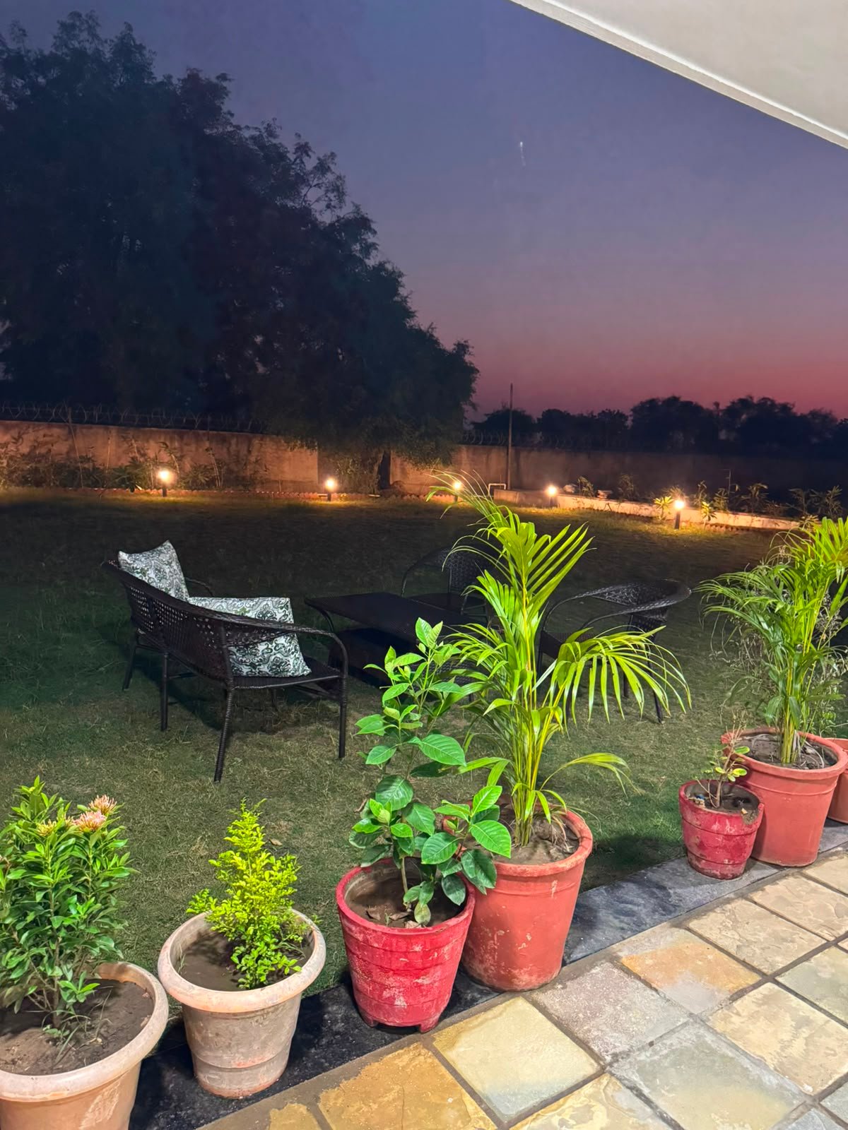 Patio seating at dusk